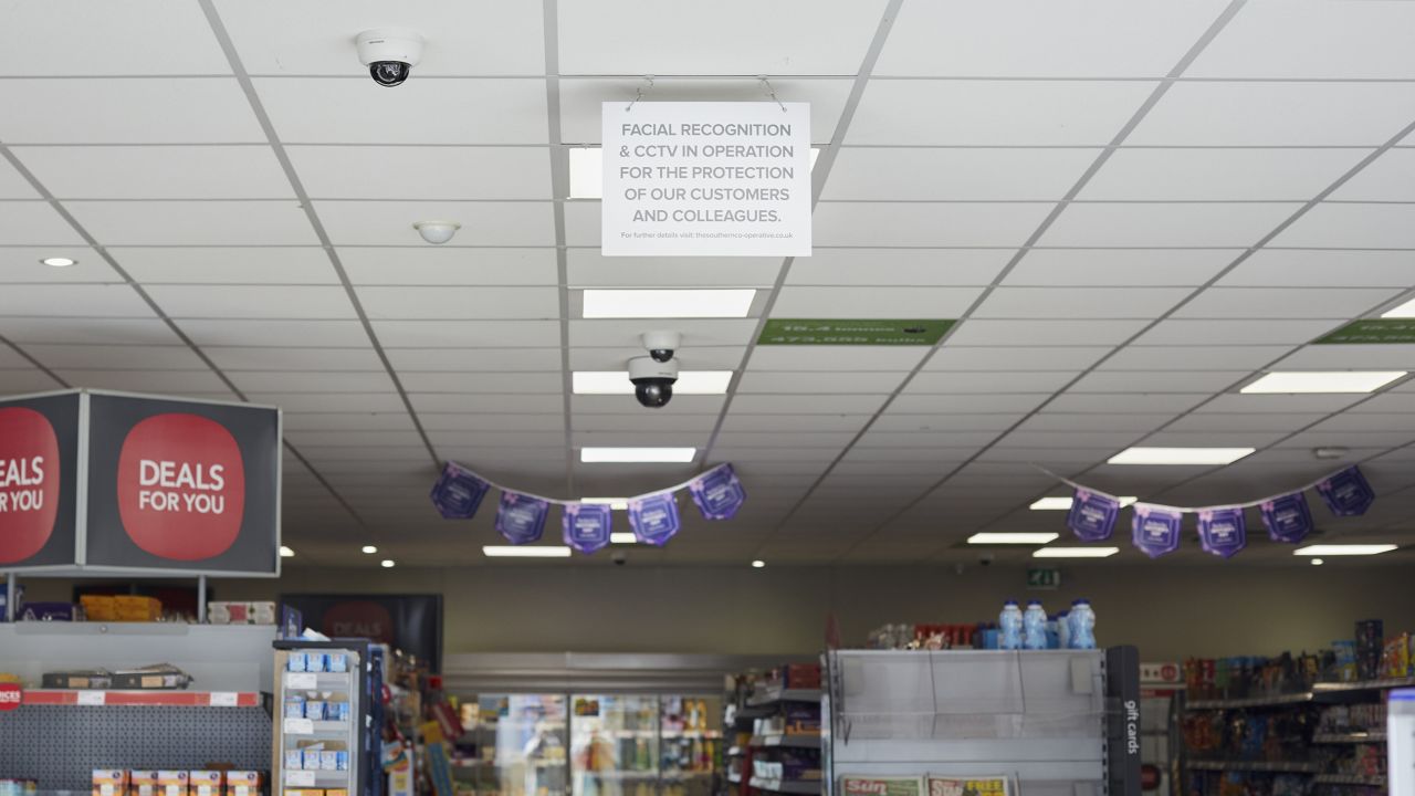 A sign at a supermarket that uses Facewatch in Bristol, England, photographed in June 2023